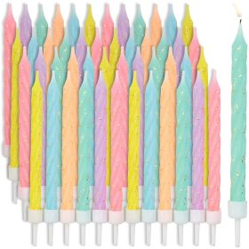 2 Boxes of 24 Pack Pastel Colors with Gold Glitter Candles in 3 inch, 6 Color Assorted, with Holders