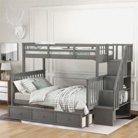 Stairway Twin-Over-Full Bunk Bed with Drawer, Storage and Guard Rail for Bedroom, Dorm, for Adults, Gray color