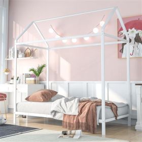 House Bed Frame Twin Size , Kids Bed Frame Metal Platform Bed Floor Bed for Kids Boys Girls No Box Spring Needed White