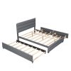 Queen Upholstered Platform Bed with Twin Size Trundle and Two Drawers,Grey