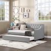 Twin Size Upholstered Daybed with Trundle,Sturdy Wood Bedframe w/ Bedframe Tufted Button & Copper Nail on Arms Design,Perfect for Bedroom,Guest Room F