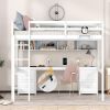 Full Size Loft Bed with Desk, Cabinets, Drawers and Bedside Tray, Charging Station, White