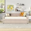 Full Size Upholstered daybed with Trundle and Wood Slat Support, Beige