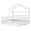 Wooden Full Size House Bed with Twin Size Trundle,Kids Bed with Shelf, White