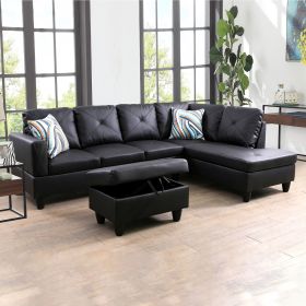 Black Faux Leather 3-Piece Couch Living Room Sofa Set B (Color: Black)